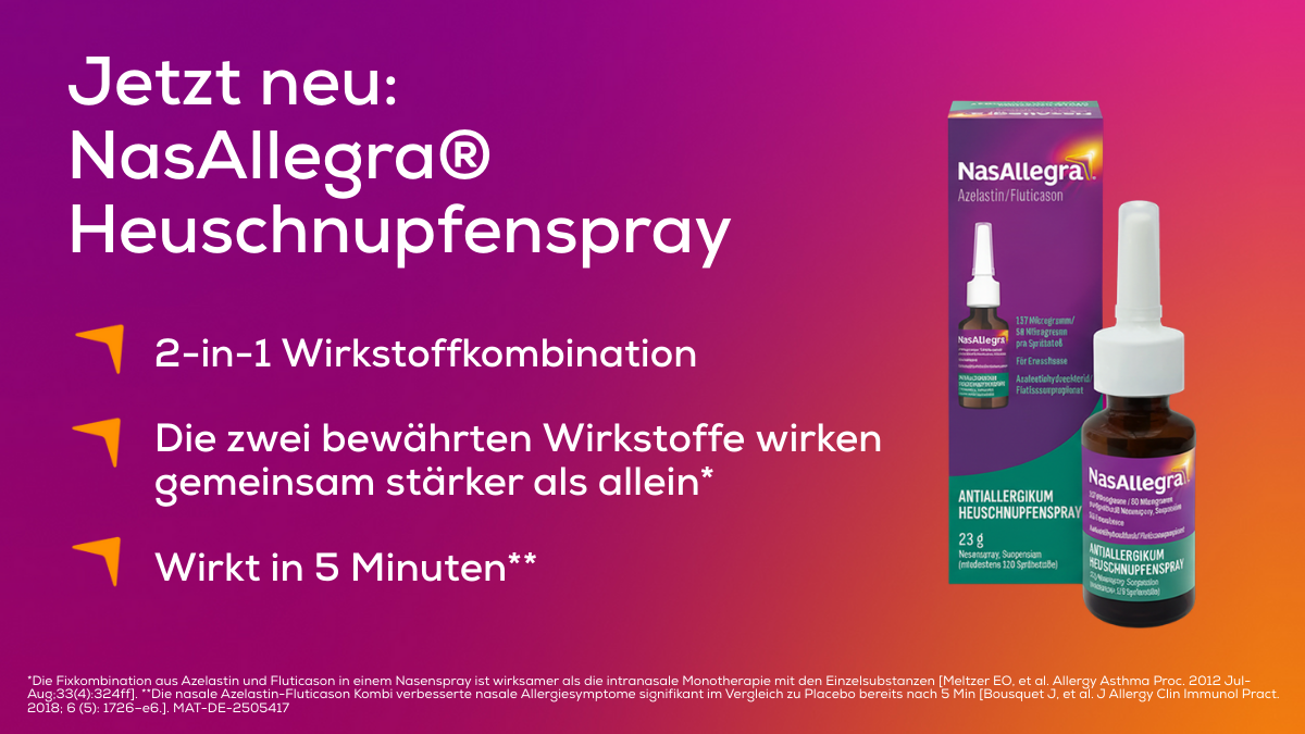 NasAllegra-Flasche und Verpackung. Text: 2-in-1 Wirkstoffkombination. Wirkt in 5 Minuten. Werbung.